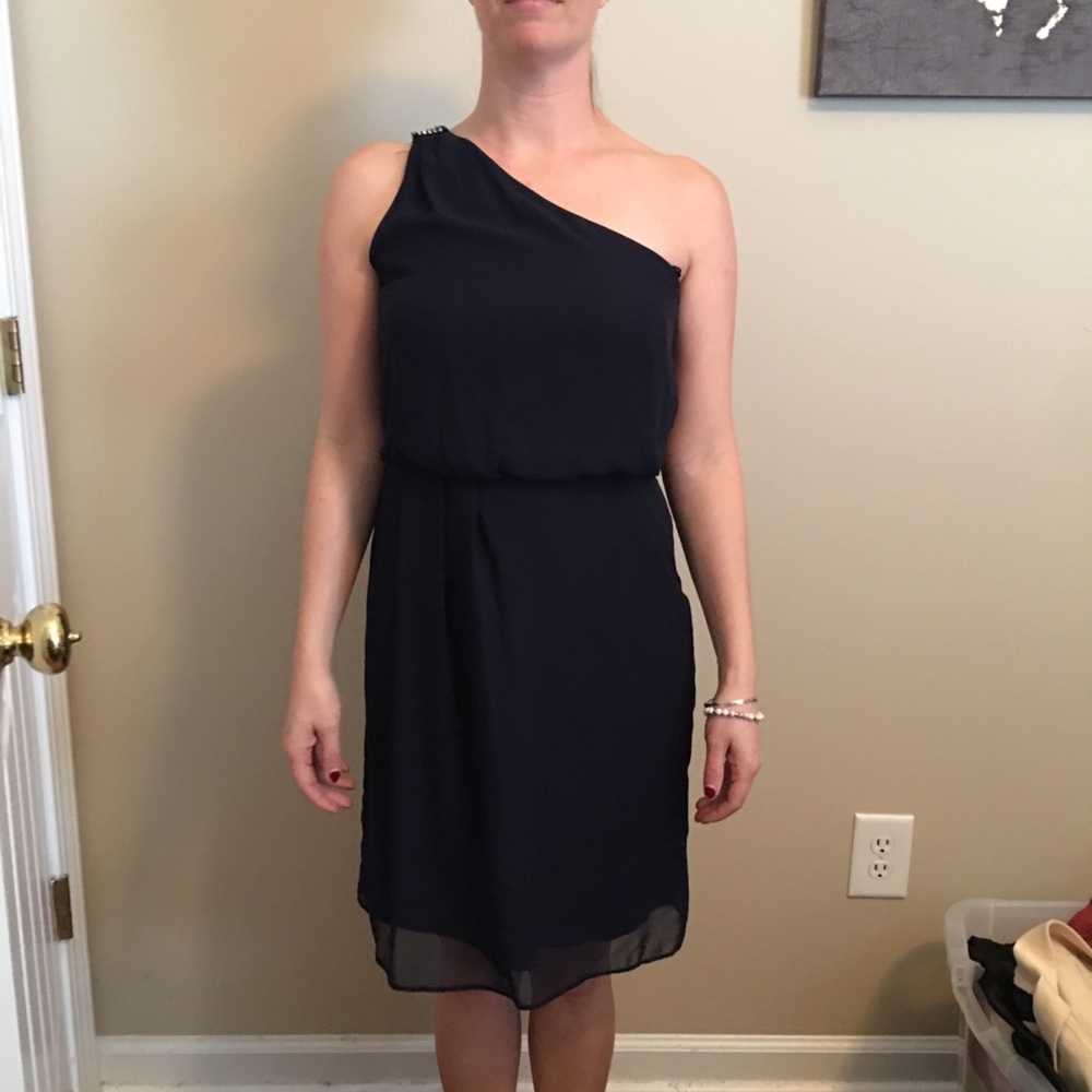 Navy Adrianna Papell one shoulder chiffon dress